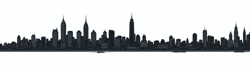Obraz premium City skyline silhouette with tall buildings against white background 