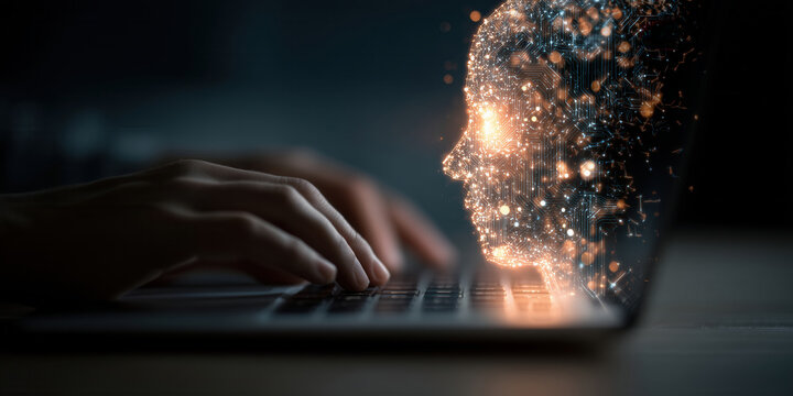 Hands typing on a laptop with a digital human face made of circuits emerging from the screen. Concept of artificial intelligence, human-machine interaction, and emerging digital consciousness.