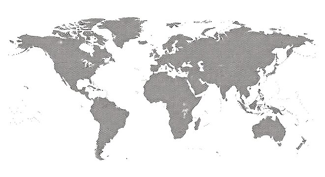 World Map Composed of Hexagonal Dots on White Background