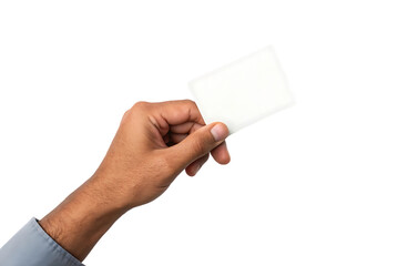 Hand holding a blank white rectangular card diagonally, cutout, PNG isolated on transparent background