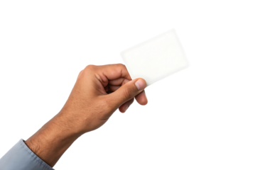 Hand holding a blank white rectangular card diagonally, cutout, PNG isolated on transparent background