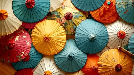 Chinese lunar new year Chunjie celebration concept. A vibrant array of colorful umbrellas, each with unique patterns and designs, creating a visually striking display.