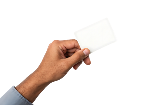 Hand holding a blank white rectangular card diagonally, cutout, PNG isolated on transparent background