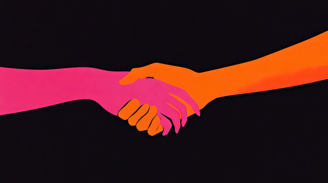 Abstract Handshake Illustration with Vibrant Pink and Orange on Black Background for happy partnership, greeting shake, couple