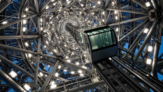 ow angle shot of a glass elevator ascending a futuristic metallic lattice tower at night with bright lights - Powered by Adobe
