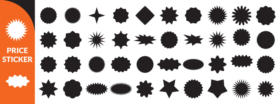 Set of price sticker, sale or discount sticker, sunburst badges icon. Zig zag wavy edge rectangle, oval, circle stickers set. Vector illustration big set design 