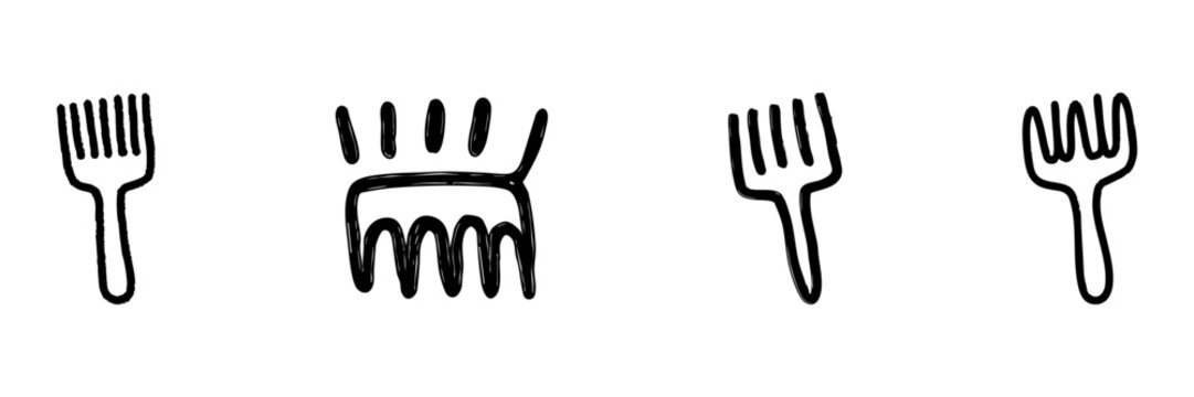 Afro Pick Comb Line Icon Set In Doodle Style. Hair Styling, Grooming, And Cultural Symbolism Outline Sketch Collection. Hand Drawn Isolated Vector Illustration