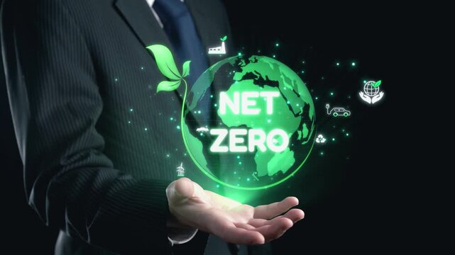 A professional individual holds a glowing globe representing net zero emissions. Surrounding icons symbolize eco-friendly concepts and innovations in sustainability. Qubit