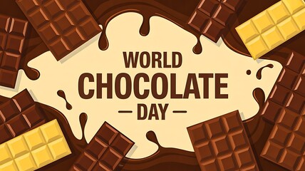World chocolate day poster with melted chocolate and sweet bars background
