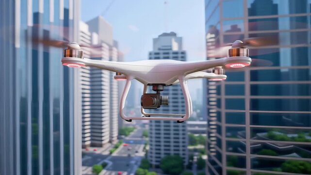 drone flying smoothly between tall skyscrapers above modern green city capturing urban skyline in bright daylight aerial view