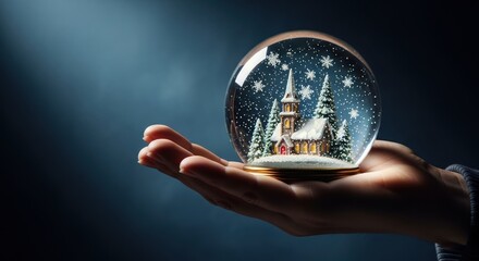 A person's hand holds a magical Christmas snow globe with a miniature snowy village church and trees inside under falling snowflakes against a dark background