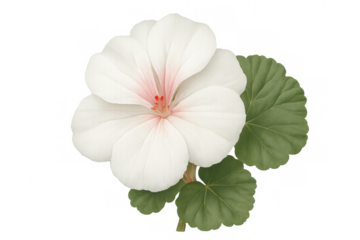 White geranium blossom with green leaves, delicate flower petals and vibrant pistils, transparent background