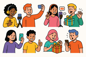 Diverse group of young people creating content and celebrating moments with smartphones and gifts