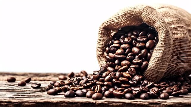 A closeup shot of a sack filled with coffee beans spilling out onto a wooden surface. The beans are a rich brown color, and the sack is made of coarse, earthy material.