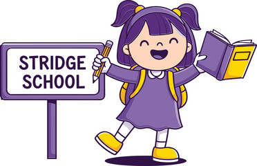 Happy little schoolgirl holding pencil and book near school sign, cheerful student cartoon illustration, education learning concept
