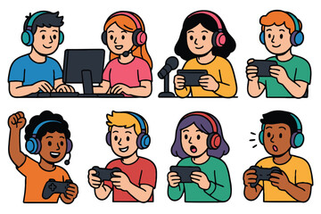 Diverse group of children playing video games with headsets and controllers