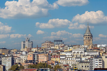 Istanbul cityscape with old buildings and Galata tower on a side