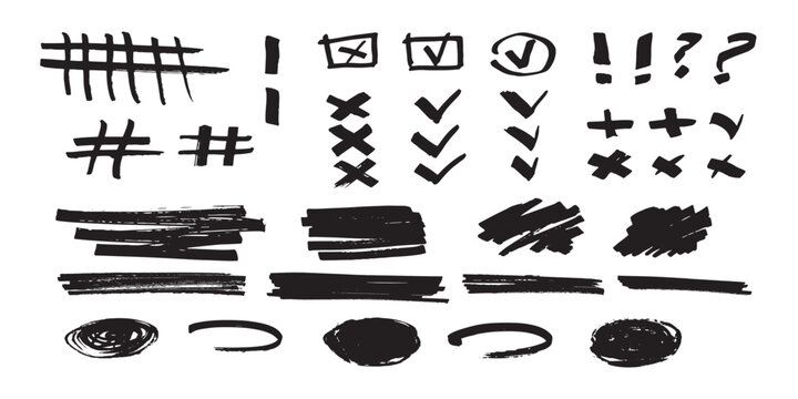 Hand-drawn grunge marker elements: checks, crosses, tallies, hashtags, underlines