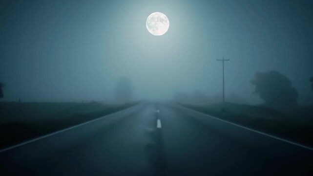Road in fog under a full moon, a dreamy night drive scene, for atmospheric imagery