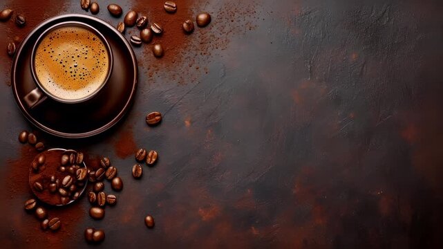 A topdown view of a cup of coffee on a saucer, with coffee beans scattered around. The cup is filled with a dark liquid, possibly coffee, and has a frothy top. The saucer is brown.