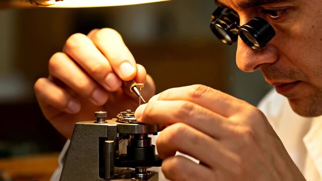 Expert horologist repairs intricate watch mechanisms in a well-lit workshop