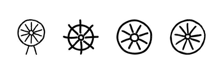 Obraz premium Ferris Wheel And Ship Wheel Line Icon Set In Doodle Style. Amusement Park Fun And Nautical Navigation Outline Sketch Collection. Hand Drawn Isolated Vector Illustration