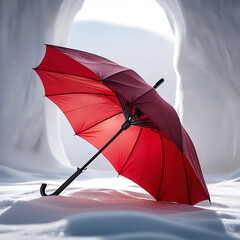 Vibrant Red Umbrella in Icy Snow Cave Winter Protection  Contrast Element