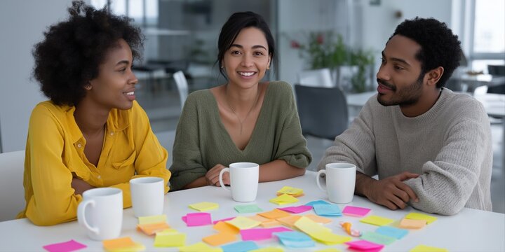 Three adults in creative meeting with coffee and sticky notes in modern office