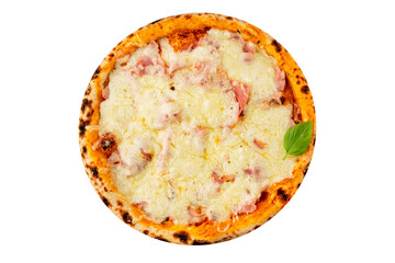 Pizza ham, cheese, tomato sauce fast food natural product tasty snack fresh delicious gourmet food background on the table rustic top view copy space
