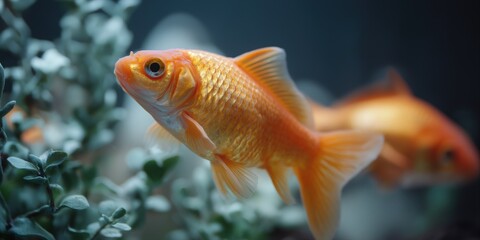 Fototapeta premium Orange goldfish swimming gracefully in aquarium with lush greenery