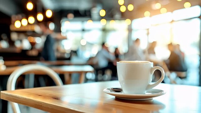 A closeup shot of a wooden table with a white cup of coffee on it. The table has a smooth, polished surface with visible grain patterns.