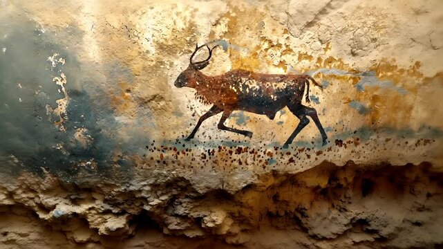 Apsara painting of a deer, possibly from the Neolithic period, in a cave setting. The deer is depicted in a running pose, with its antlers extended forward.