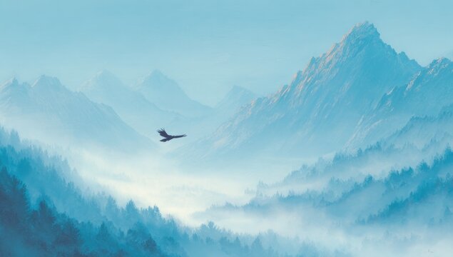 Serene landscape with mountains sky and flying bird illustration - Powered by Adobe