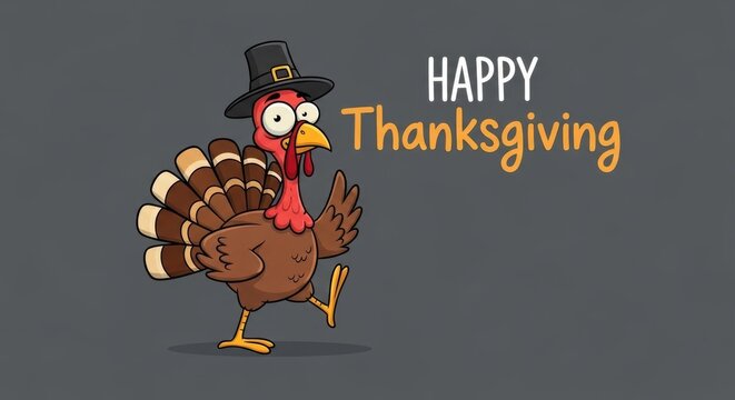 Handwritten Happy Thanksgiving Text on Dark Gray Background, Whimsical Cartoon Turkey Dancing with Goofy Expression