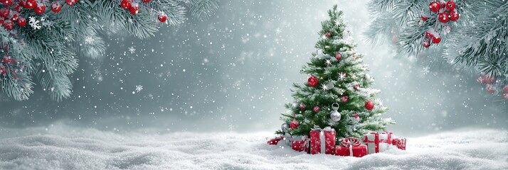 A magical winter wonderland scene featuring a beautifully decorated, vibrant green Christmas tree standing on a soft bed of white snow, positioned on the right side.  