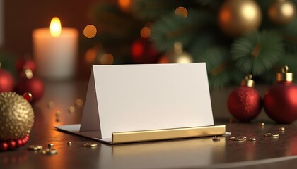 Christmas Place Card Mockup with Gold Holder, Red Baubles and Candles for Festive Table Setting Decor