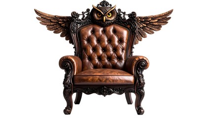 Exquisite handcrafted wooden chair with leather upholstery and owl wings high resolution picture