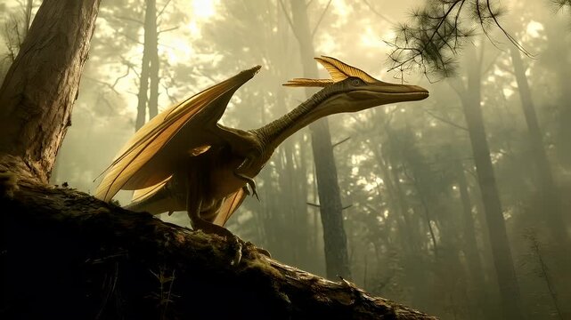 A vivid portrayal of a pterodactyl in a forest setting, captured in a moment of stillness. The creatures wings are spread wide, revealing a translucent.