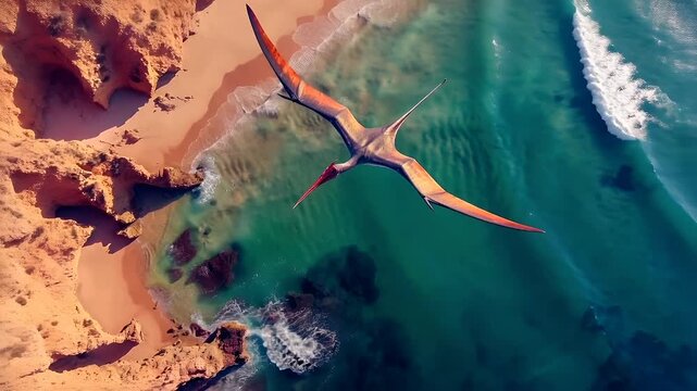 Aerial view of a pterodactyl in flight over a serene ocean with turquoise waters and sandy coastline. The birds wings are spread wide, revealing a gradient of orange and white hues.