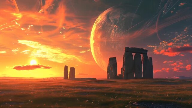 A vivid digital artwork depicting a dramatic sunset over a vast landscape with a large planet in the background. The sky is awash with fiery oranges, reds, and purples.