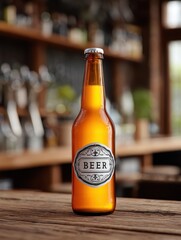 Realistic Beer Bottle Mockup on Bar Surface