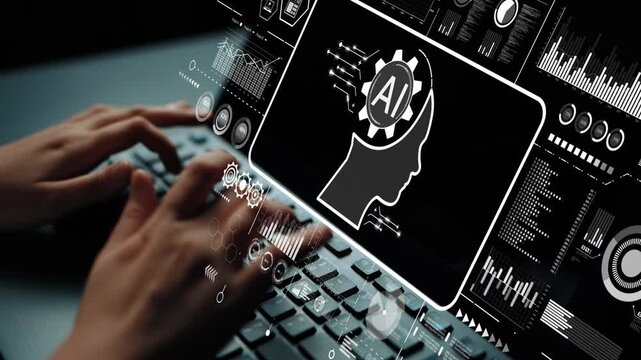 Hands on Keyboard with Futuristic AI Overlay and Data Analytics Interface for Technology and Innovation Themes. Asymptotic smart data analytic.