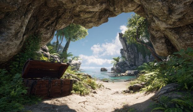 Treasure chest in a tropical cave overlooking the ocean and coastline