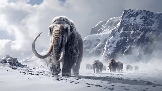 A vivid portrayal of a majestic mammoth in a snowy landscape. The mammoth is depicted with a thick, gray fur coat, and its large, curved tusks are prominently displayed.