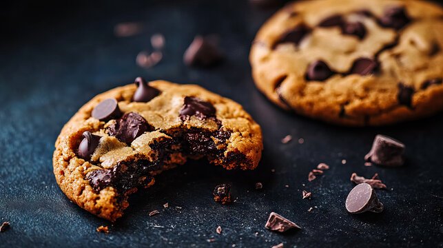 Close-up of Bitten Chocolate Chip Cookie on Dark Background with Another One with copy space for National Cookie Day, Chocolate Chip Cookie Week, Cookie Exchange Day, Homemade Cookies Day - Powered by Adobe