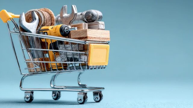 Online store for construction tools and building materials with shopping cart full of products, modern ecommerce concept for renovation, hardware retail and digital trade