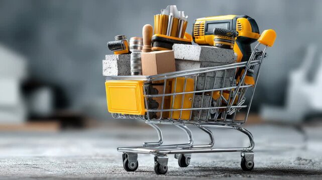online store for construction tools and building materials with shopping cart full of products, modern ecommerce concept for renovation, hardware retail and digital trade