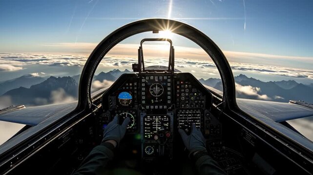First-person view from a fighter jet cockpit flying above the clouds toward a bright sun at high altitude