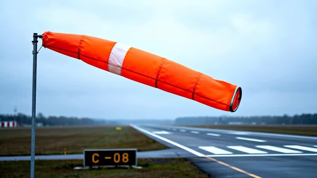 Bright orange windsock stretches horizontally on a metal pole next to an airport runway on an overcast, hazy day