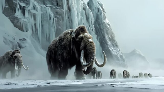 A detailed, realistic portrayal of a mammoth in a snowy landscape. The mammoth is depicted with intricate details, such as its thick fur, large tusks, and curved horns.